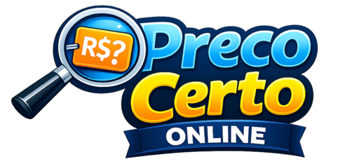 Logo Preço certo Online com Lupa, representando reviews e preços